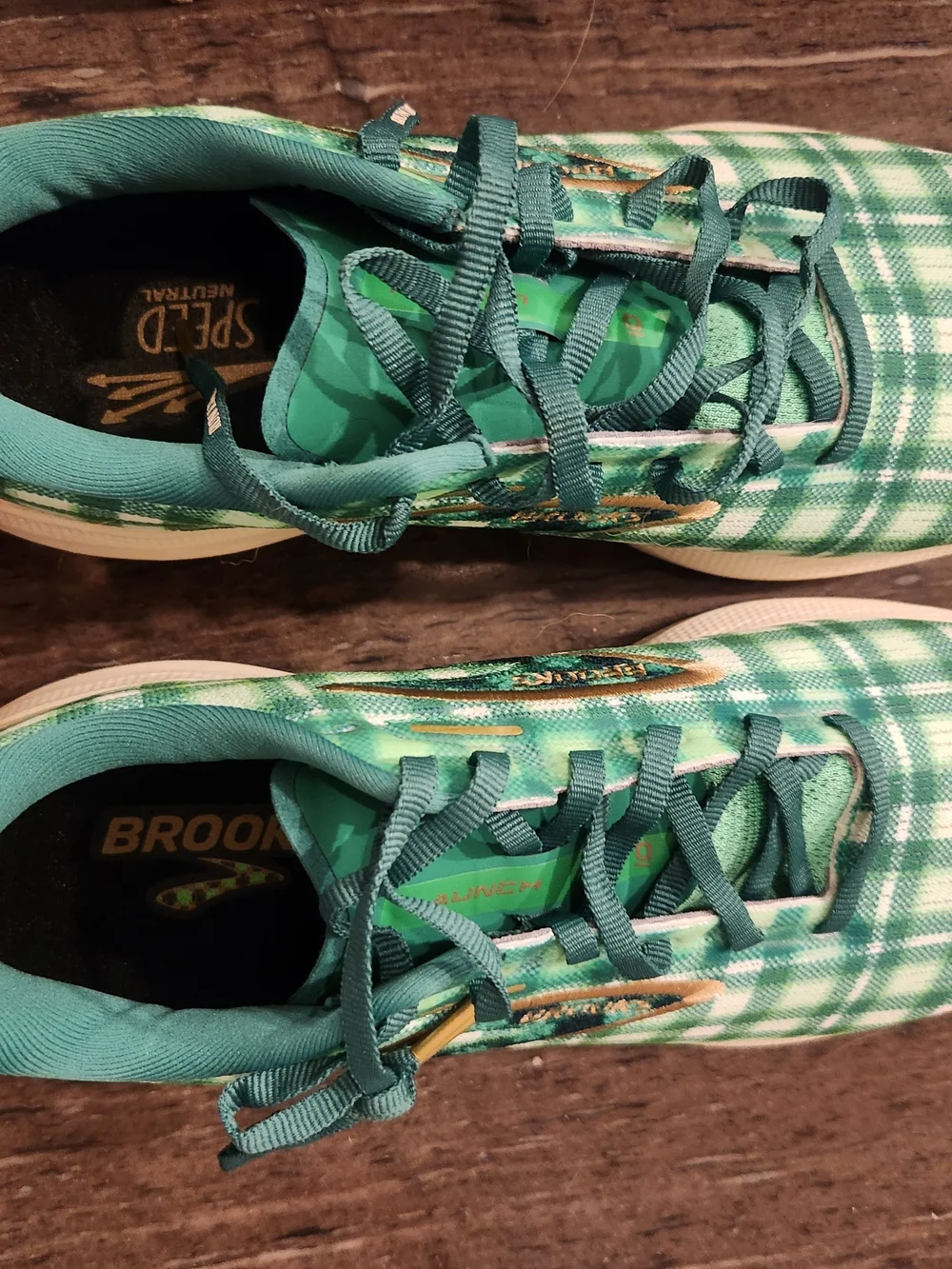 Brooks Green Plaid Athletic Running Shoes with Gold Accents